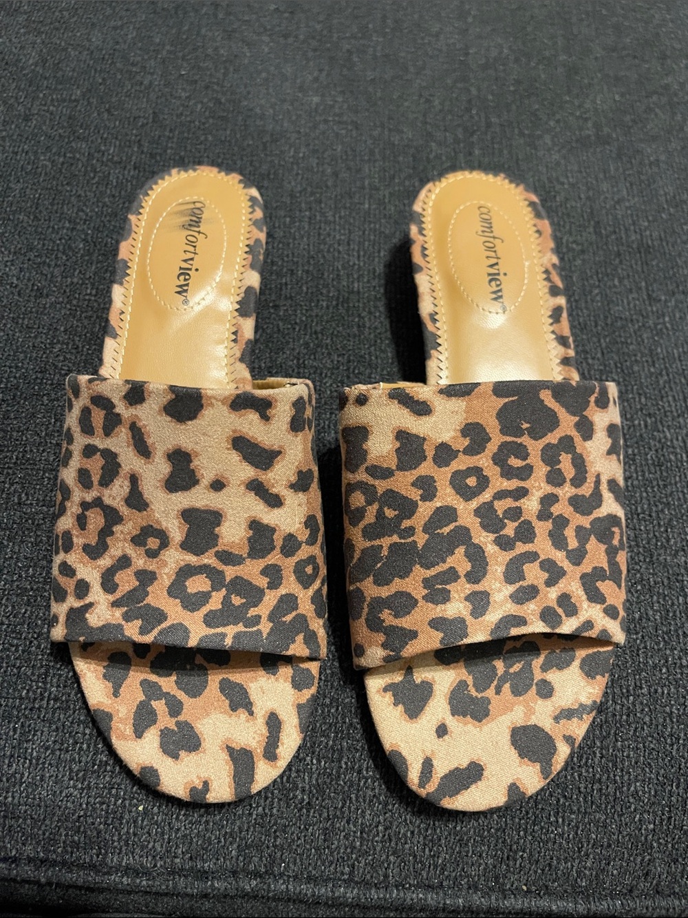 Comfortview “Capri” Leopard Print Slide Mules - Brown & Black
